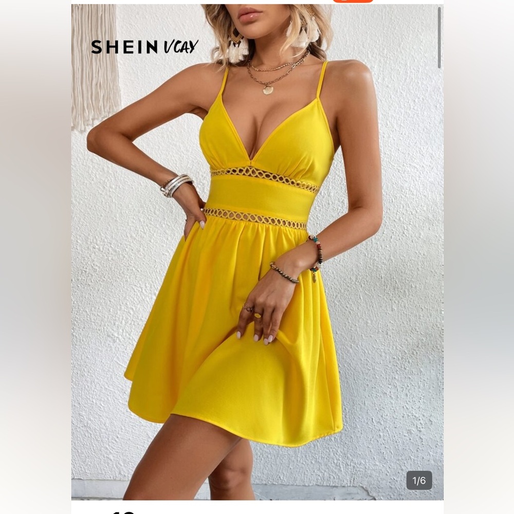 NWOT SHEIN Vcay V-Neck Yellow A Line Mini Dress size Large